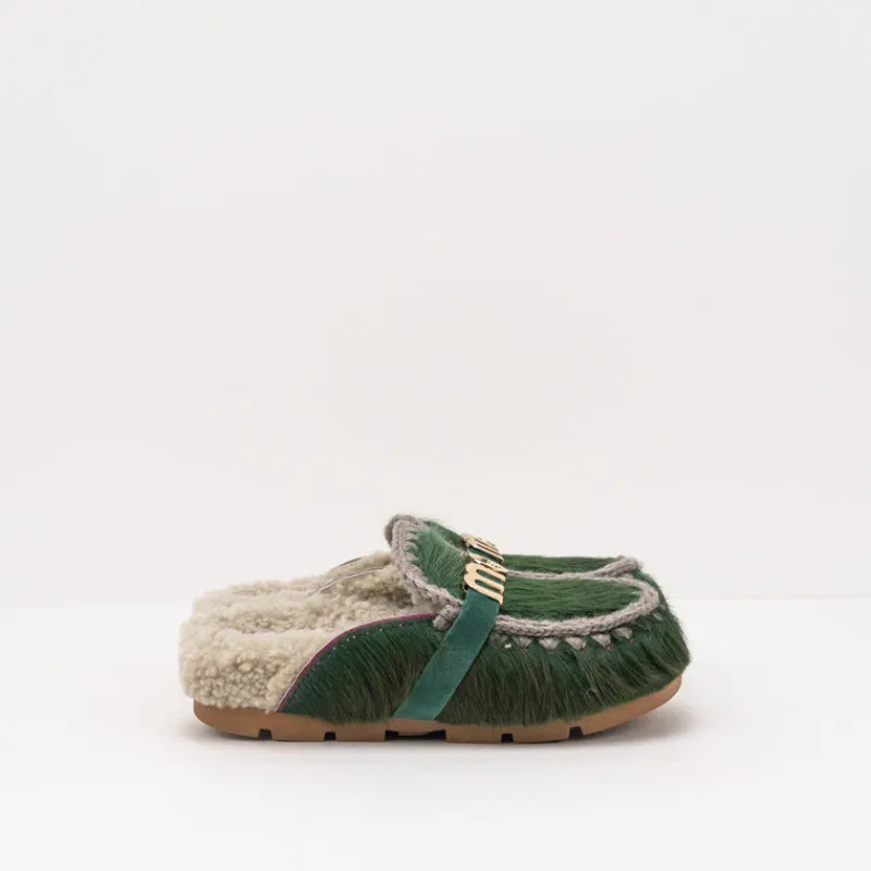 Mujer MOU Zuecos-ZUECO - - WINTER BIO SLIDE LONG HAIR PONYSKIN LETTER LOGO GREEN