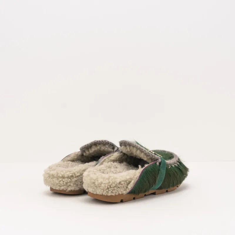 Mujer MOU Zuecos-ZUECO - - WINTER BIO SLIDE LONG HAIR PONYSKIN LETTER LOGO GREEN